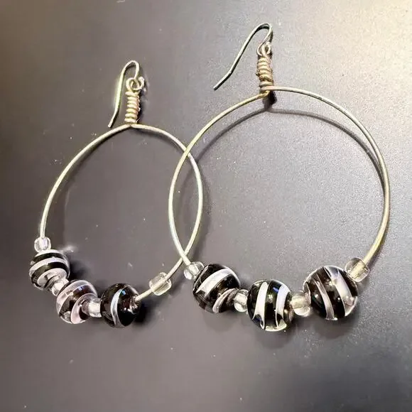Artisan Handblown Black & White Glass Beaded Hoop Earrings - Picture 3 of 6